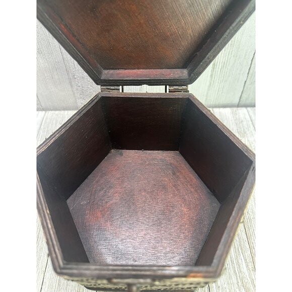 Vintage Wooden Storage Box Jewelry Keepsakes Hexagonal Shape Hinged Lid - Picture 6 of 12